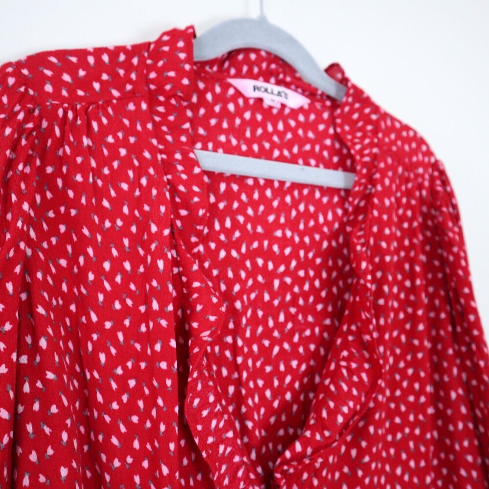 ROLLA’S Size M Lily Blouse Ruffle Trim Long Sleeve Red Pink Mini Tulip Print - Picture 6 of 11